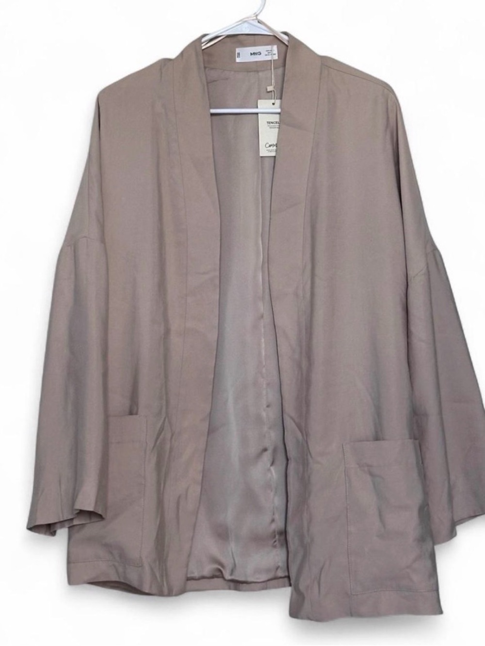Mango MNG Tencel Modal Open Front Blazer Jacket Beige Oversized Large NWT